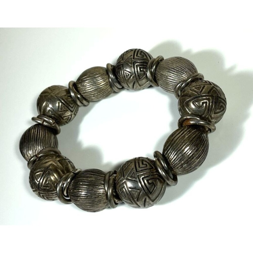 Tribal Etched Stretch Bracelet Artisan Made 8mm Tibetan Style Silver Gun Metal
